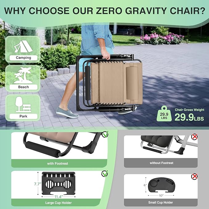 Suteck Oversized Zero Gravity Chair,33In XXL Outdoor Recliner Chair w/Removable Cushion&Headrest, Camping Lounge Chair w/Upgraded Lock&Footrest, Reclining Patio Chairs for Indoor Outdoor,500LBS - Image 5