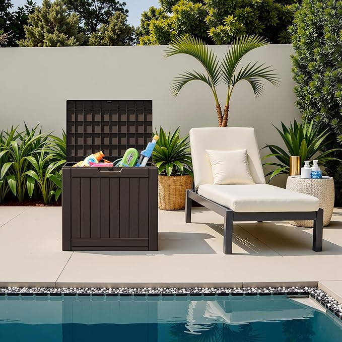 Flamaker Resin Deck Box 40 Gallon Waterproof Outdoor Indoor Storage Box Imitation Wood Resin for Patio Furniture Garden Tools and Pool (Deep Brown) - Image 2
