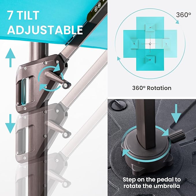 10 X 13 FT Cantilever Patio Umbrella with LED Lights Outdoor Heavy Duty Double Top Windproof Rectangle Offset Umbrellas with 360-degree Rotation for Pool Deck Backyard, Turquoise - Image 6