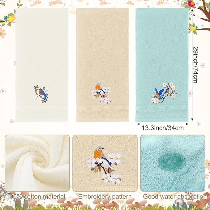 Bird Floral Hand Towels Farmhouse White Light Brown Turquoise Bird Bathroom - Image 2