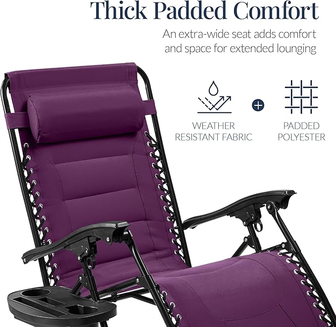 Best Choice Products Oversized Padded Zero Gravity Chair, Folding Outdoor Patio Recliner, XL Anti Gravity Lounger for Backyard w/Headrest, Cup Holder, Side Tray, Polyester Mesh - Amethyst Purple - Image 4