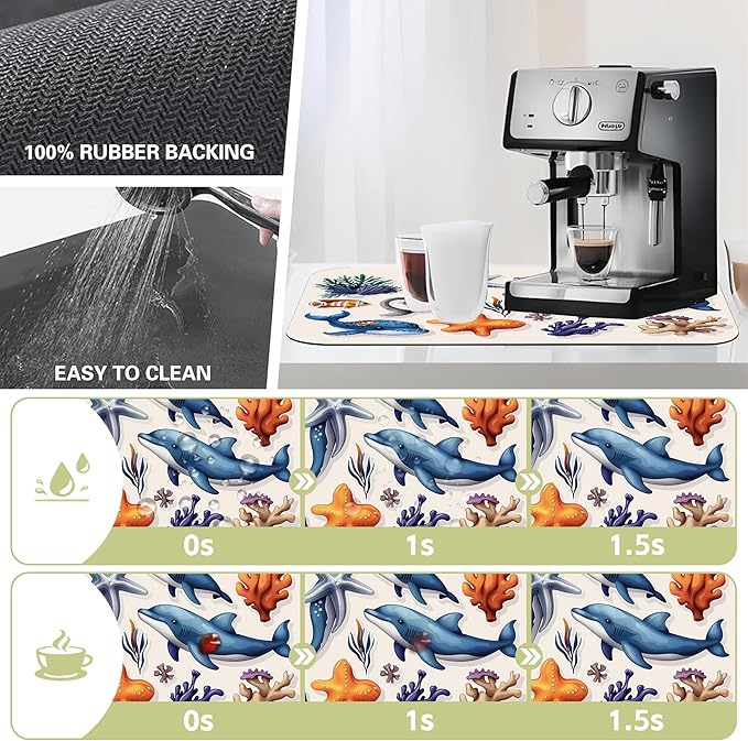 Sea Animals Dish Drying Mat Dolphins Starfish Anemones Kitchen Mat 12"x19" - Image 3