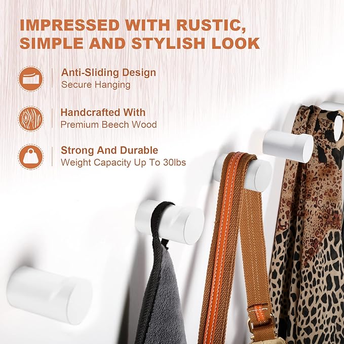 Wood Wall Hooks 6 Pack, Modern Decorative Coat Hooks Wall Mounted, Handmade - Image 3
