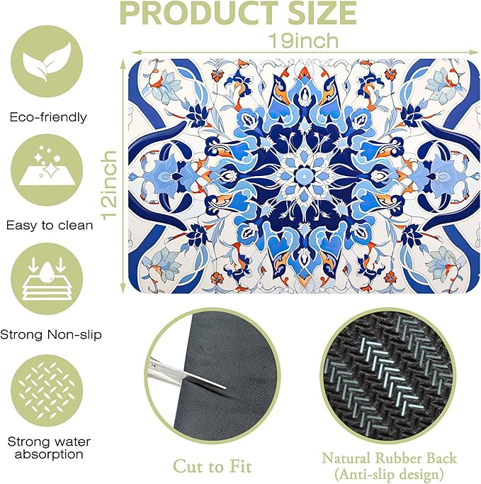 Dish Drying Mat Mandala Blue Floral Kitchen Mat 12"x19" Bsorbent Coffee Maker - Image 4