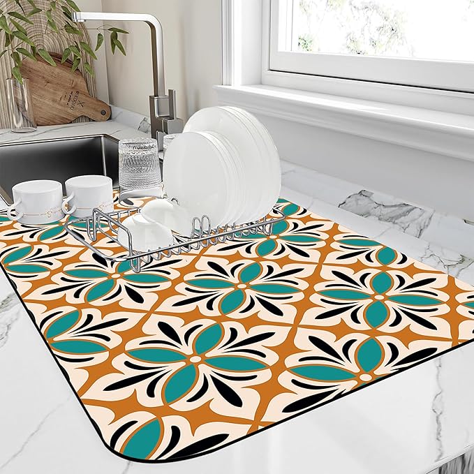 Dish Drying Mat Abstract Floral Kitchen Mat 16"x24" Bsorbent Coffee Maker Mat by Unknown