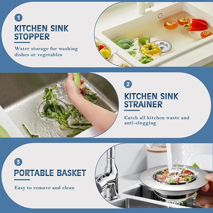 Kitchen Sink Drain Strainer 2 Pack, 304 Stainless Steel Pop Up Sink Stopper - Image 6