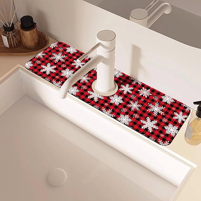 Christmas Snowflake Kitchen Sink Splash Guard Mat Buffalo Plaid Absorbent Fast - Image 2