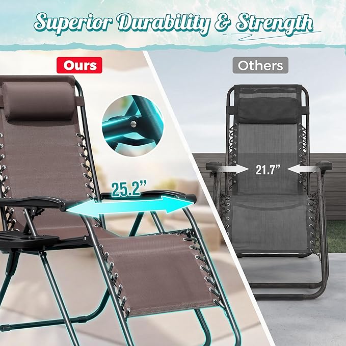 Homall Zero Gravity Patio Folding Lawn Chairs Outdoor Gravity Camp Reclining Lounge Chair with Pillows for Poolside Backyard and Beach Set of 2 (Brown) - Image 4