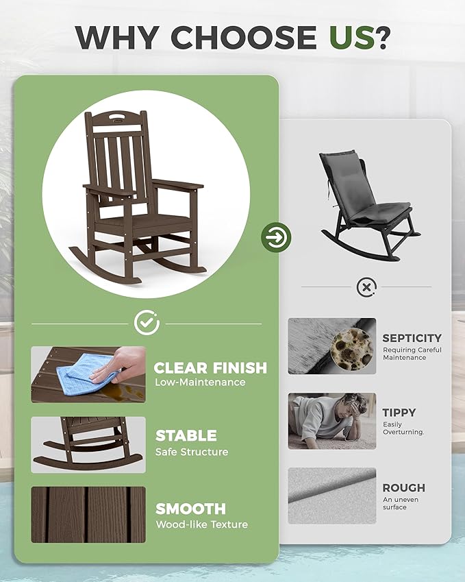 Oversized Outdoor Rocking Chair, HDPE All Weather Resistant Rocking Chairs for Patio, High Back Porch Rocker Chair, 380lbs Weight Capacity, Brown - Image 8