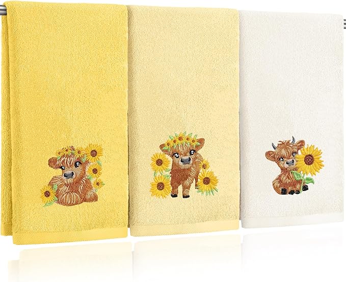 3 Pcs Sunflower Highland Cow Hand Towels Embroidered Highland Cow Farmhouse by FuWeave
