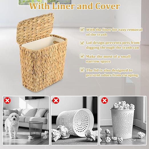 Wicker Trash Can with Lid and Liner, Handwoven Wicker Waste Basket, Water - Image 5