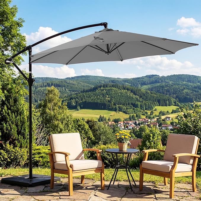 OLIXIS Offset Patio Umbrella, 9.7FT Cantilever Table Umbrellas for Outdoor Sun Shade UV Protection with Easy Tilt Adjustment, 8 Ribs for Backyard, Lawn, Garden, Pool - Grey - Image 6