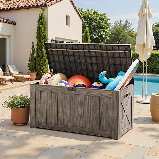 Greesum Outdoor Storage Box 120 Gallon Storage Bin with Lid for Patio Furniture, Garden Tools, Pool Supplies, Lockable, Waterproof and UV Resistant, Coffee - Image 2