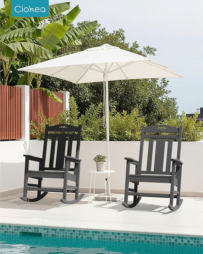 Ciokea Oversized Outdoor Rocking Chairs Set of 3, 380lbs Heavy-Duty Large Patio Rocker, High Back Cozy Porch Chairs, Weather Resistant Patio Rocking Chairs for Outside, Fire Pit, Deck, Dark Grey - Image 2