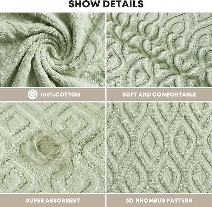 Artoid Mode 2 Pcs Light Green 3D Diamond Grid Jacquard Hand Towels - Image 7