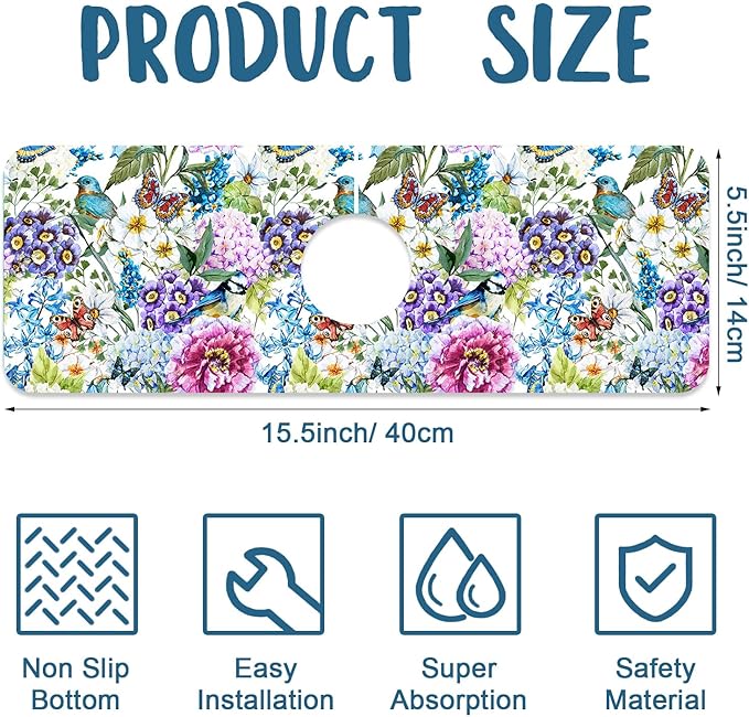 Beautiful Floral Kitchen Sink Splash Guard Faucet Mat Flower Bird Butterfly - Image 2