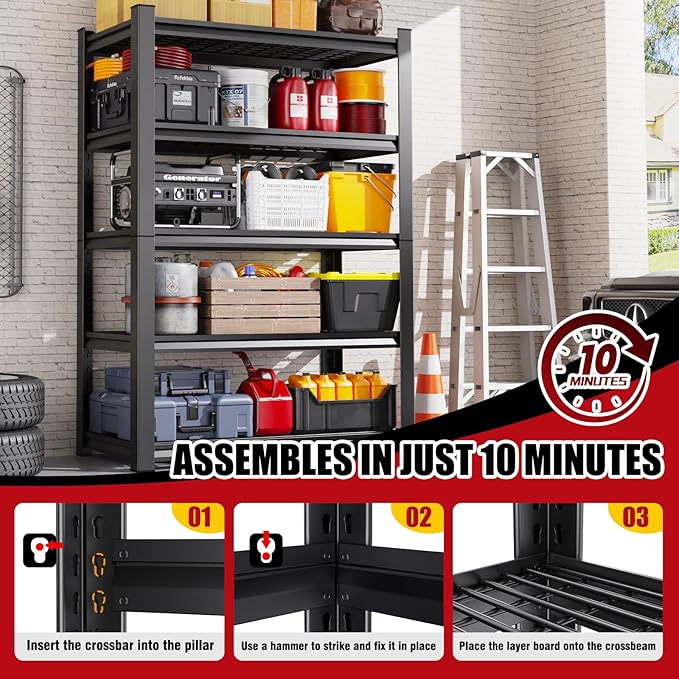 Set 2 Garage Shelving-3000 lbs 5 Tier Storage Shelves,Adjustable Heavy Duty Metal Shelving Unit and Storage Large Wire Rack,Utility Steel Shelf for Warehouse Industrial Pantry Basement -78"x46"x20" - Image 6