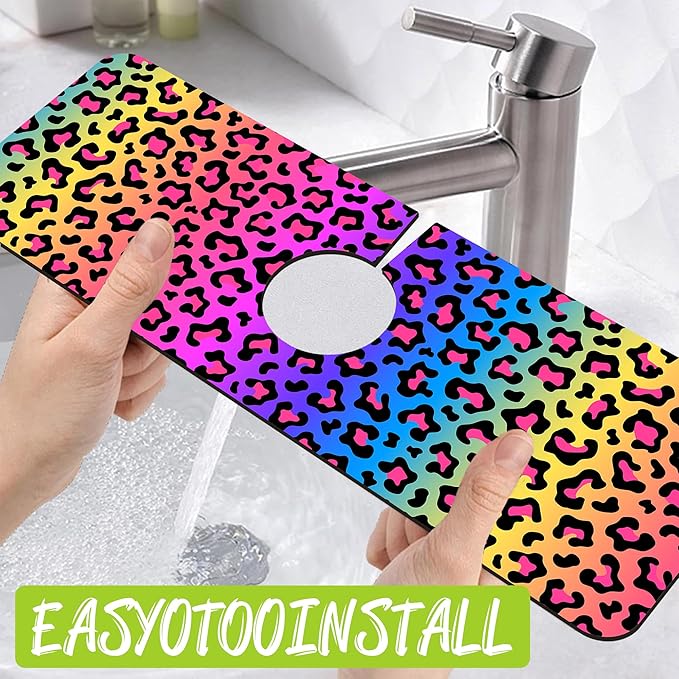 Sink Faucet Absorbing Mat Rainbow Colored Leopard Print Sink Splash Guard - Image 4