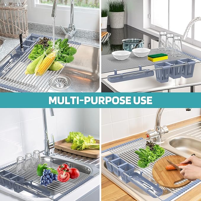 Extra Large Expandable Roll Up Dish Drying Rack Up to 22.8''with 2 Storage - Image 6