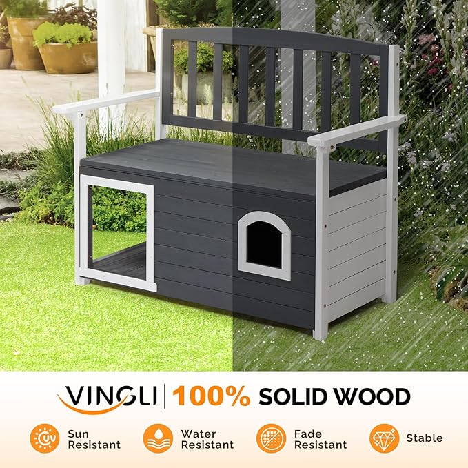 VINGLI Outdoor Storage Bench with Built-in Dog House, 2-in-1 Outdoor Waterproof Patio Bench with Pet Kennel for Patio Backyard Porch (Gray) - Image 6