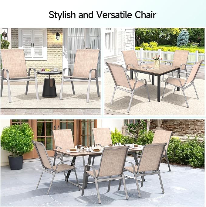 Patio Chairs Set of 6, Easily Set Up Stackable Outdoor Dining Chairs with High Back and Wide Seat, All Weather Breathable Outdoor Chairs Set of 6 with Metal Frame for Backyard Deck Pool, Beige - Image 8