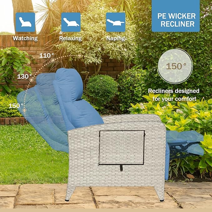 Upgraded Outdoor Recliner Chair, Reclining Patio Chairs with Adjustable Back up to 150°Lay Flat and Extended Footrest, Wicker Recliner Chairs with Flip Table and Removable Olefin Cushion - Image 4