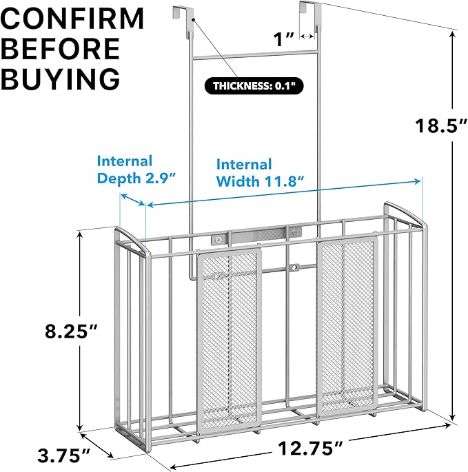 Simple Houseware Over Cabinet Door Organizer, 12.5"Wx3.75"Dx18"H, Mesh Silver - Image 2