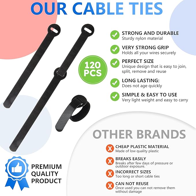 120 x Reusable Cable Ties Black, Adjustable Releasable Hook and Loop Cable - Image 3
