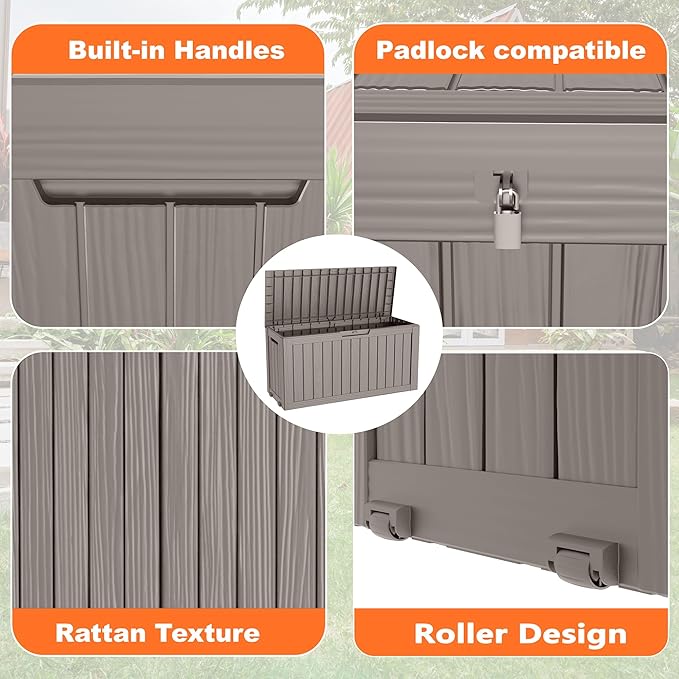 75 Gallon Resin Deck Box, Lockable Patio Outdoor Storage Box for Furniture, Garden Tools and Tools Storage, Waterproof Outside Storage Boxes - Grey - Image 4