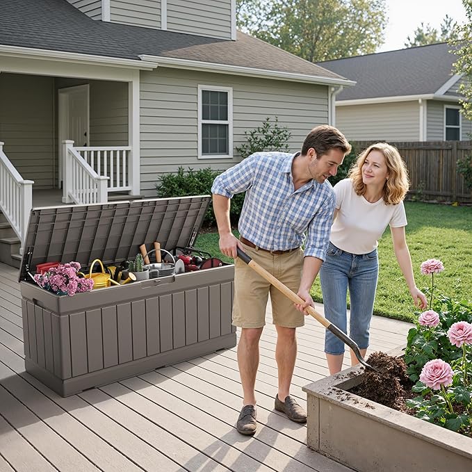 Flamaker Outdoor Storage Box 80 Gallon Resin Waterproof Deck Box Delivery Box with Wood Texture Large Storage Bin for Patio Cushions (Light Brown) - Image 7