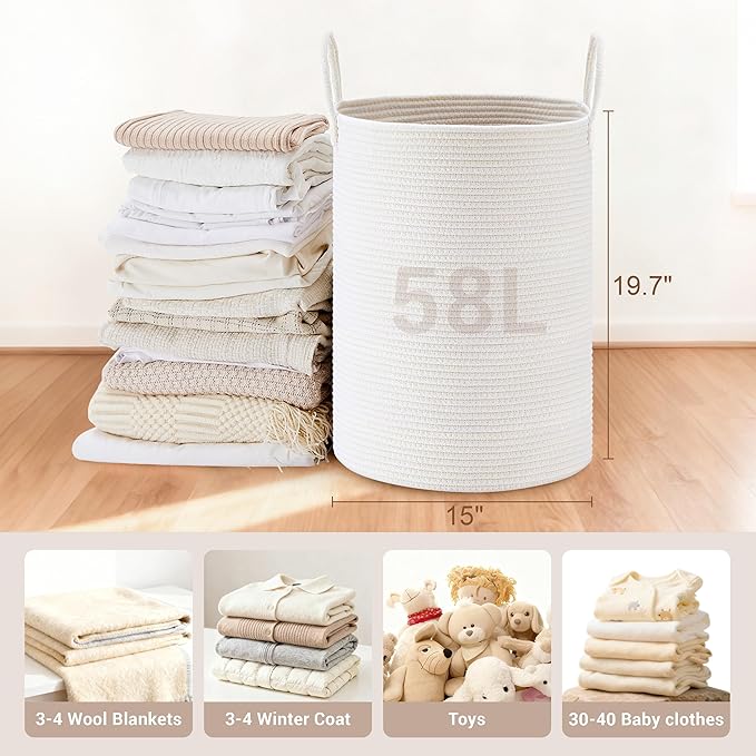 Tall Laundry Basket with Handles, 58L Portable Dirty Clothes Hamper, Boho - Image 2