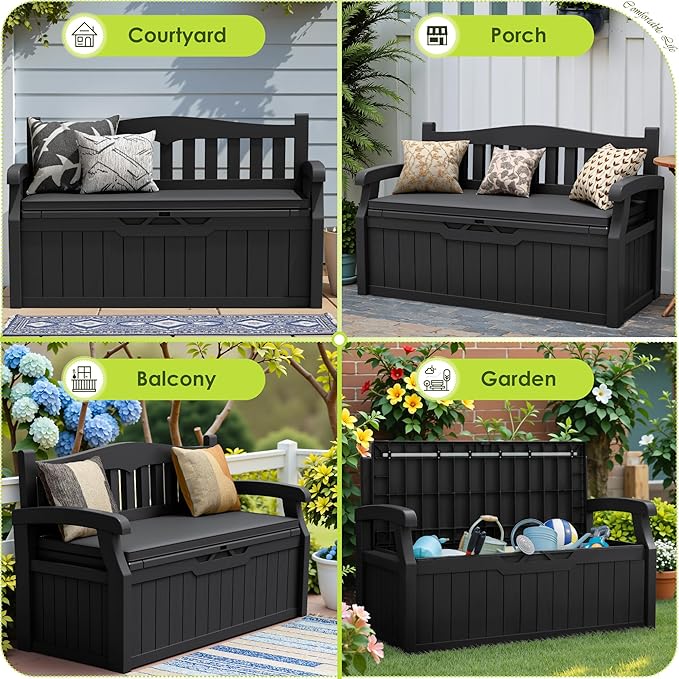 Greesum 80 Gallon Heavy-Duty Outdoor Storage Bench with Cushion, UV-Resistant Resin Bench with Armrest, Deck Box for Garden, Poolside, Patio, Black - Image 5