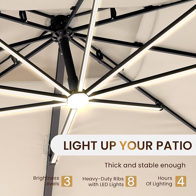 10 X 13 FT Cantilever Patio Umbrella with LED Lights Outdoor Heavy Duty Double Top Windproof Rectangle Offset Umbrellas with 360-degree Rotation for Pool Deck Backyard, Beige - Image 2