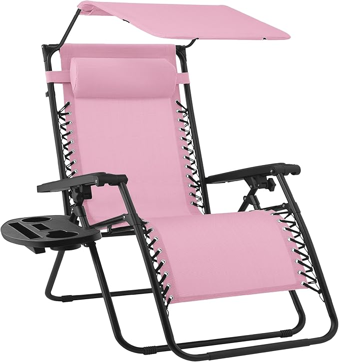 Best Choice Products Folding Zero Gravity Outdoor Recliner Patio Lounge Chair w/Adjustable Canopy Shade, Headrest, Side Accessory Tray, Textilene Mesh - Bubblegum Pink by BestChoiceProducts