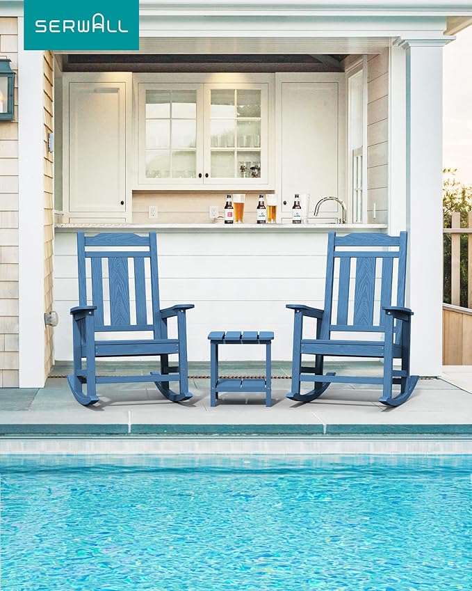 SERWALL Oversized Rocking Chair Outdoor, HDPE Outdoor Rocking Chair, Blue - Image 2