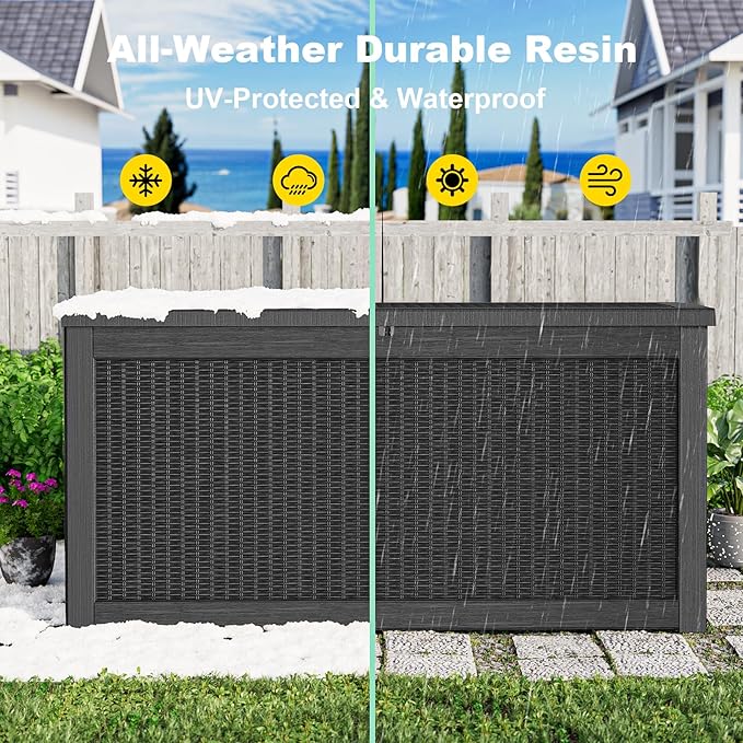 ROJIK Outdoor Storage Housing Deck Box,Waterproof Patio Furniture, Garden Tools, Cushions, Pool Accessories Storage Bench with Lockable Lid and Side Handles (Black,320 Gallon) - Image 6
