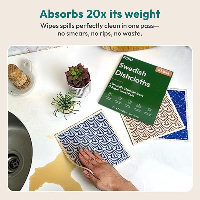 FEBU Swedish Dishcloths for Kitchen | 5 Pack Botanique Reusable Paper Towels - Image 2