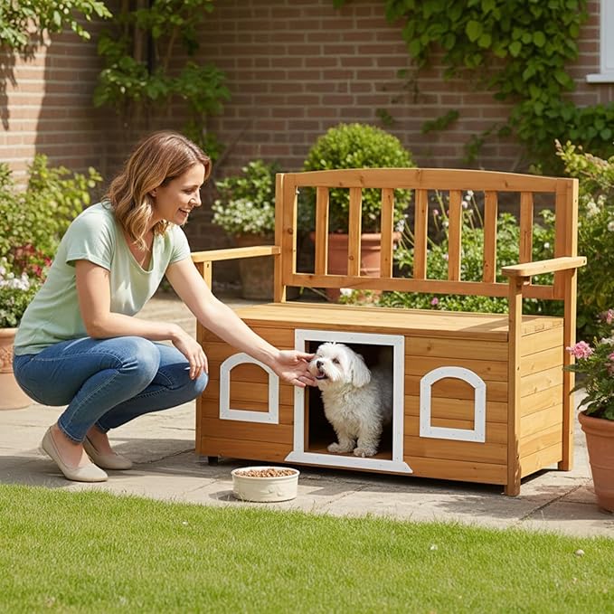 VINGLI Outdoor Storage Bench with Built-in Dog House, 2-in-1 Outdoor Waterproof Patio Bench with Pet Kennel for Patio Backyard Porch (Natural) - Image 9