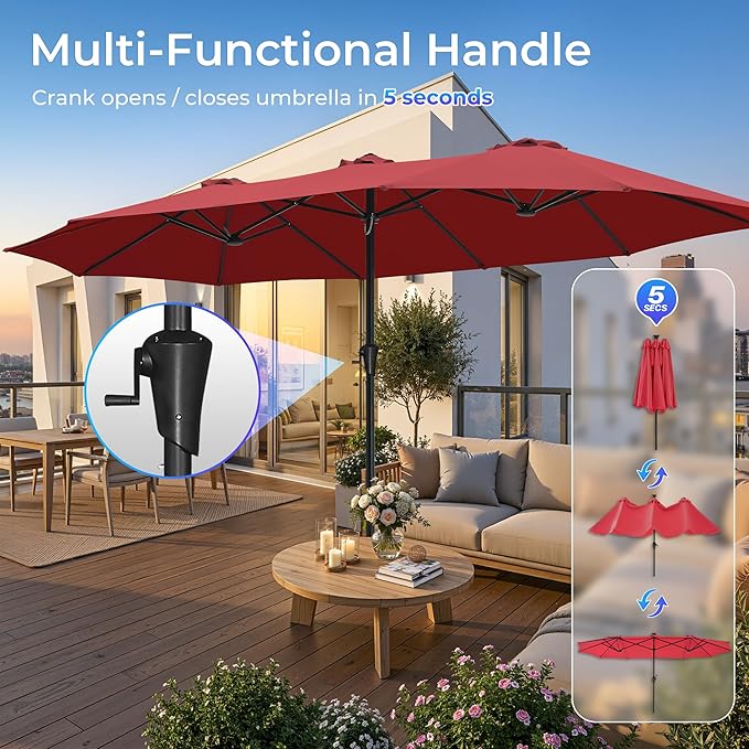 SUPERJARE 15FT Outdoor Umbrella for Patio, Double sided Pool Umbrellas with Fade Resistant Canopy, Large Table Umbrella for Deck, Market, Backyard - Burgundy - Image 5