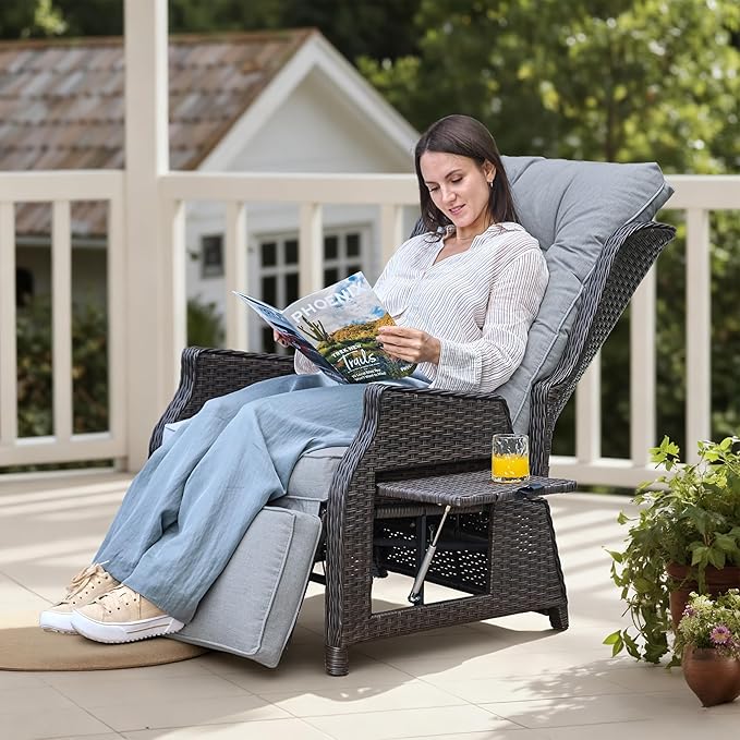 Outdoor Indoor Wicker Recliner with Adjustable Back and Footrest, Patio Reclining Chair with Flip-up Table, Outdoor Rattan Lounge Chair, Light Grey 2PCS - Image 7