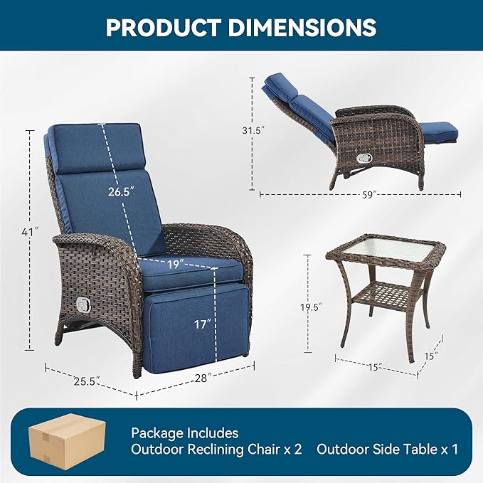 3 Pieces Zero Gravity Wicker Patio Recliner Chairs Set of 2 - Wicker Outdoor Lounge Chair with Side Table, Adjustable Backrest & Footrest, High Back Outdoor Recliner Chair for Pool Deck Blue - Image 2