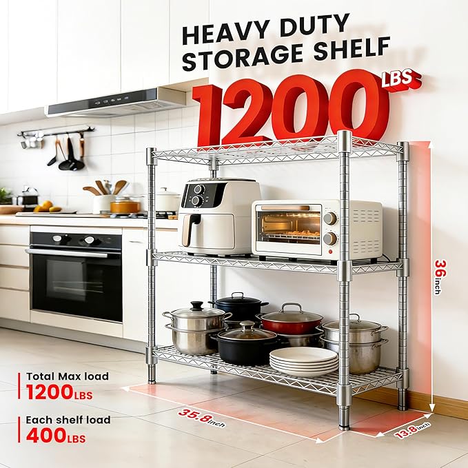 Xcity Storage Shelves, 3 Tier Heavy Duty Metal Shelving Unit, 1200 LBS Capacity Adjustable Steel Wire Shelf Organizer for Pantry, Kitchen, Garage, 14" D x 36" W x 36" H, Chrome - Image 2