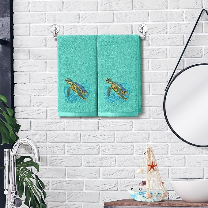 2 Pcs Sea Turtle Hand Towels Teal Bathroom Decor 14x29 Inch Embroidered 100% - Image 5