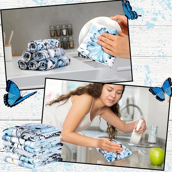 Breling Set of 6 Blue Daisy Kitchen Towel Vintage Themed Dish Towel Bathroom - Image 5