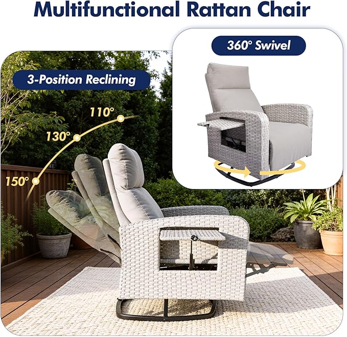 Outdoor Recliner Chair, Wicker Patio Recliners with Adjustable Backrest and Extended Foot Rest, Reclining Patio Chairs with Flip Table & Removable Cushion Cover for Porch - Image 3