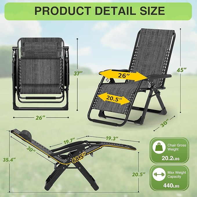 Suteck Zero Gravity Chair, Reclining Camping Lounge Chair w/Removable Cushion, Upgraded Lock and Cup Holder, Reclining Patio Chairs Folding Recliner for Indoor and Outdoor - Image 2