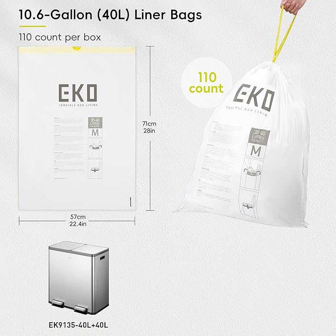EKO 10.6 Gallon / 35–40 Liter Drawstring Trash Bags, Extra-Strong Leak-Resistant - Image 7
