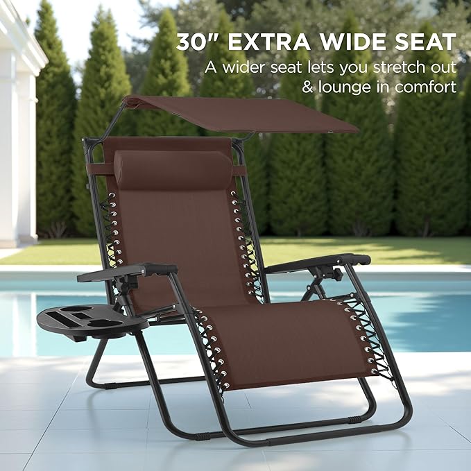 Best Choice Products 30” Wide Folding Zero Gravity Outdoor Recliner Patio Lounge Chair w/Adjustable Canopy Shade, Headrest, Side Accessory Tray - Brown - Image 3