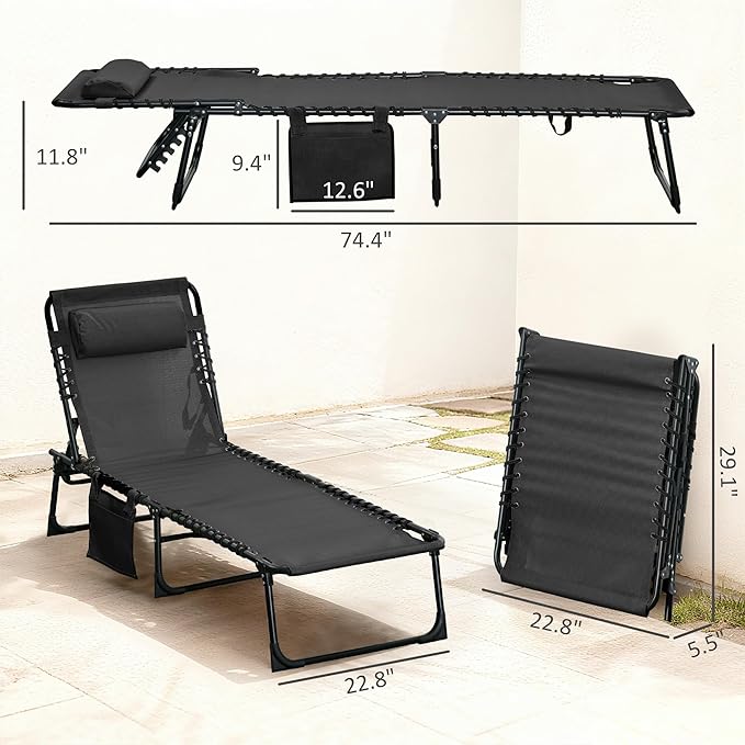 Outsunny Chaise Lounge Chair Outdoor, 5-Position Adjustable Sun Tanning Chair with Carrying Handle and Side Pocket, Folding Bed Cot with Removable Pillow for Garden, Beach, Patio, Pool, Camp, Black - Image 3