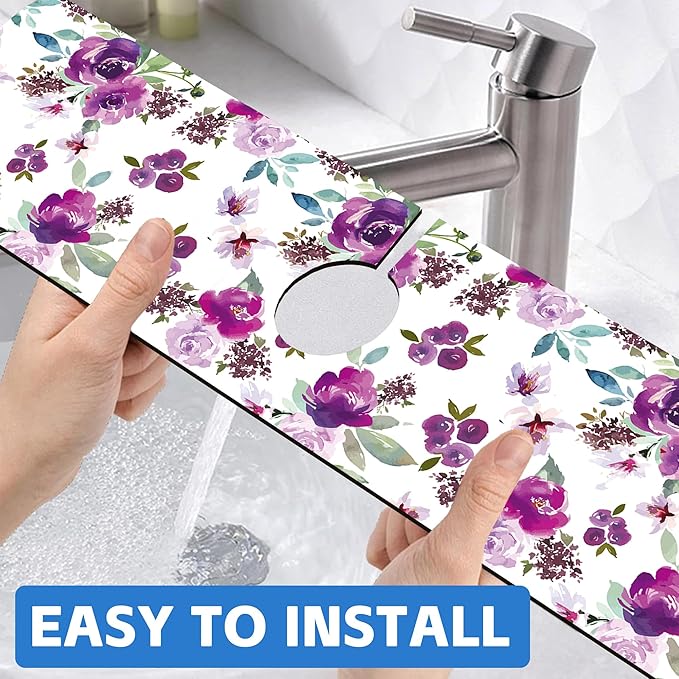 Watercolor Purple Flowers Faucet Absorbing Mat Splash Guard Draining Mat Fast - Image 6
